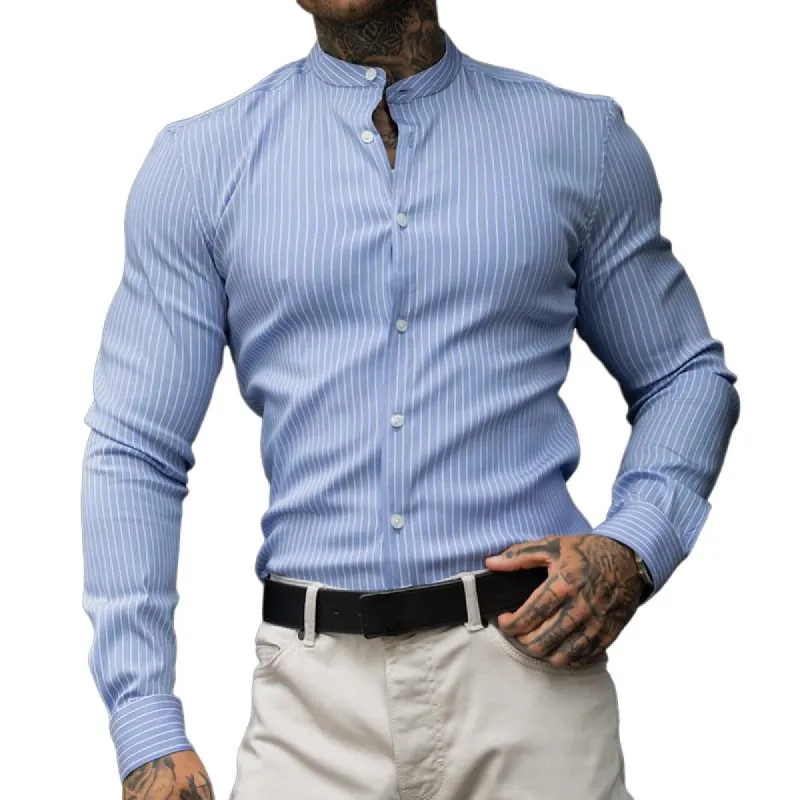 Men's Casual Retro Striped Stand Collar Long Sleeve Shirt 01708148TO sold by Manly