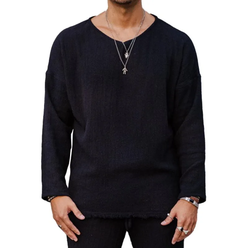 Men's Loose Casual Round Neck Long Sleeve Raw Edge T-shirt 92240382Z sold by Manly