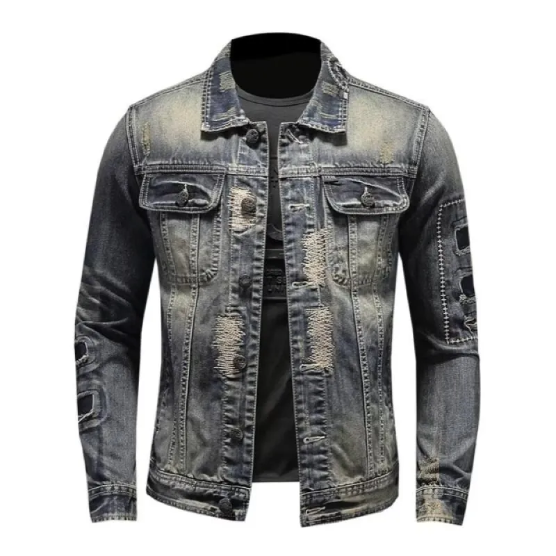 Men's Vintage Washed Lapel Loose Denim Workwear Motorcycle Jacket 49277702M sold by Manly