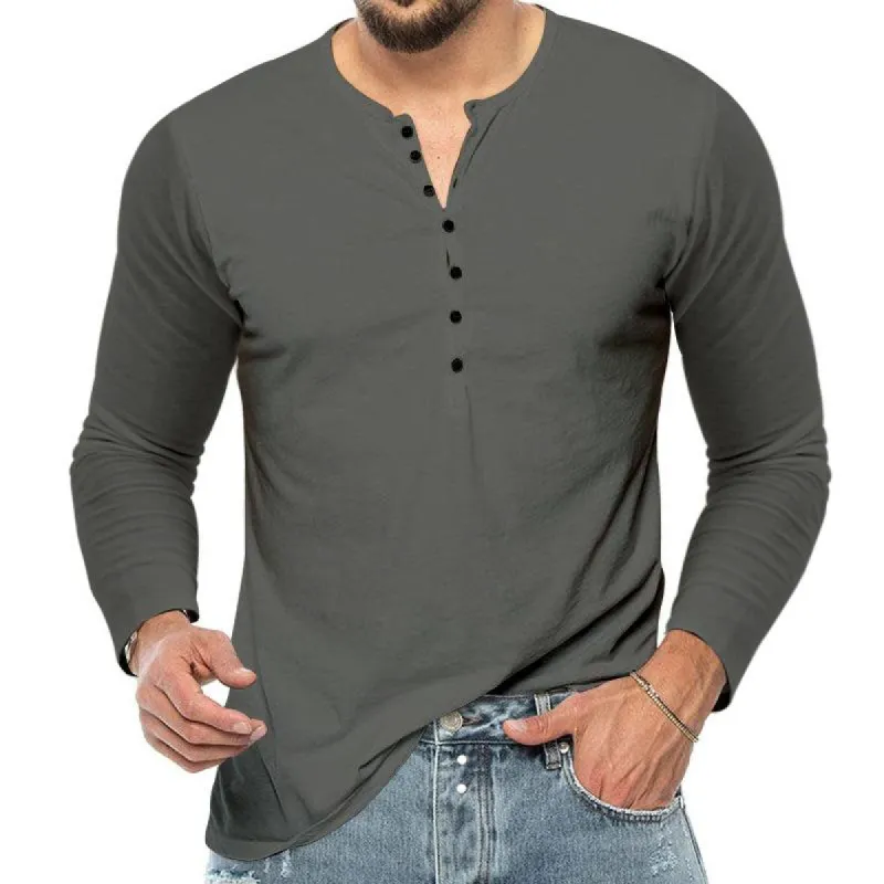 Men's Casual Solid Color Henley Collar Long Sleeve T-Shirt 22159634Y sold by Manly