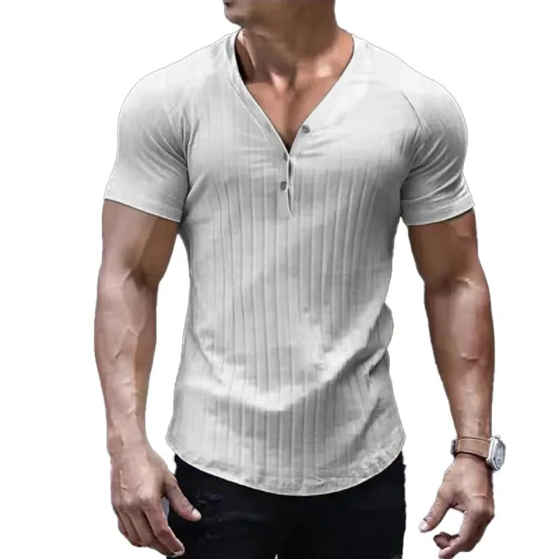 Men's Casual Vertical Stripes Button V Neck Short Sleeve T-Shirt 03893911Y sold by Manly