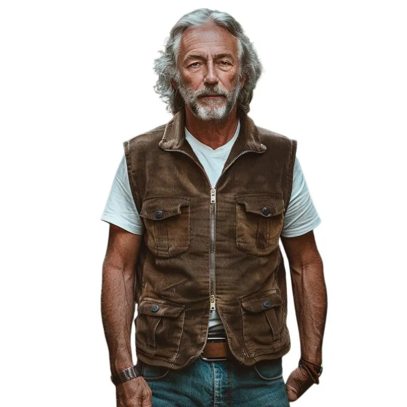 Men's Corduroy Multiple Pockets Zipper Vest 07606908Y sold by Manly