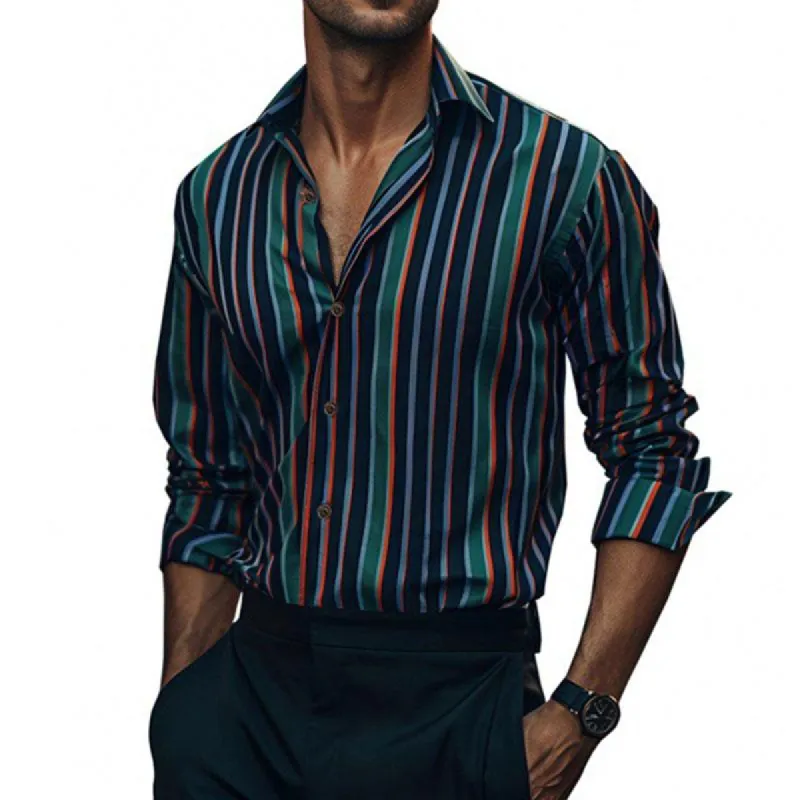 Men's Casual Contrast Stripe Print Lapel Long Sleeve Shirt 12336779M sold by Manly