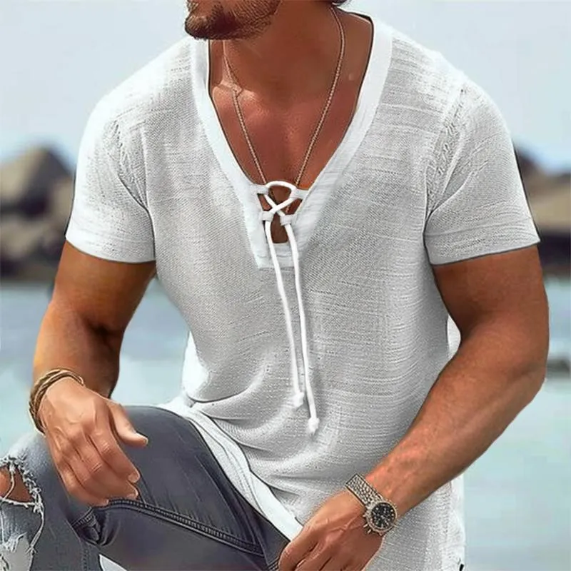 Men's Casual Cotton Linen Drawstring Short Sleeve T-Shirt 93243192TO sold by Manly product image thumbnail 2
