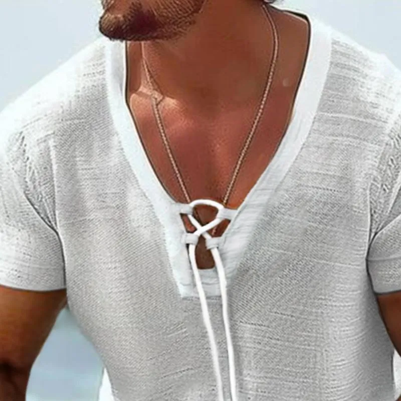 Men's Casual Cotton Linen Drawstring Short Sleeve T-Shirt 93243192TO sold by Manly product image thumbnail 3