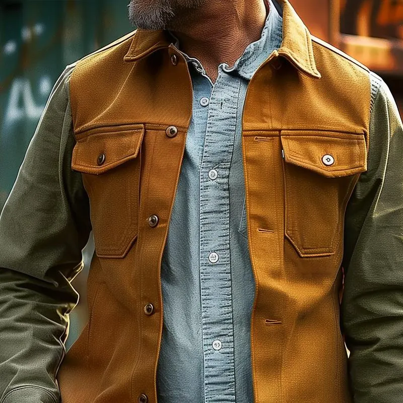 Men's Vintage Colorblock Lapel Breast Pocket Single Breasted Cargo Jacket 65450524Z sold by Manly product image thumbnail 3