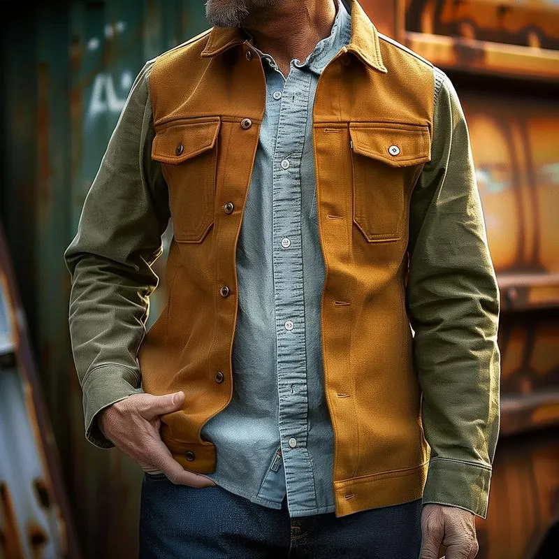 Men's Vintage Colorblock Lapel Breast Pocket Single Breasted Cargo Jacket 65450524Z sold by Manly product image thumbnail 2