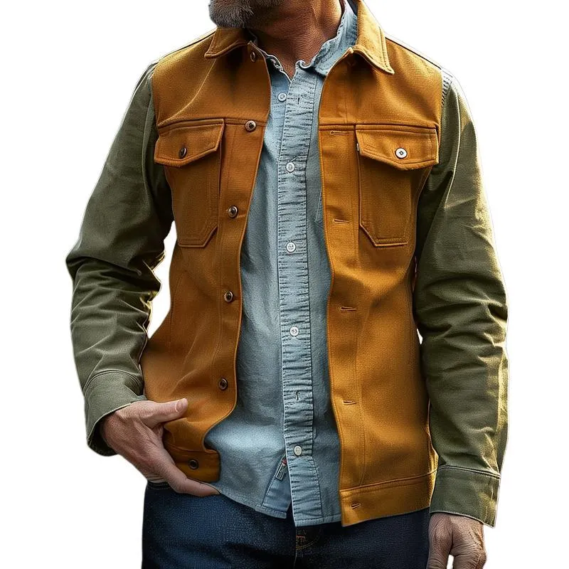 Men's Vintage Colorblock Lapel Breast Pocket Single Breasted Cargo Jacket 65450524Z sold by Manly
