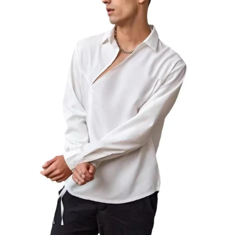 Men's Casual Loose Lapel Long-sleeved Lace-up Shirt 69535643M sold by Manly