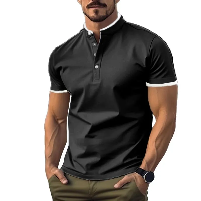 Men's Casual Solid Color Stitching Breathable Stand Collar Short Sleeve T-Shirt 61588529Y sold by Manly