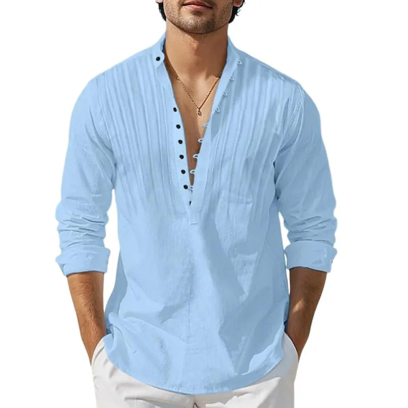 Men's Casual Cotton Linen Pleated Slim Long Sleeve Pullover Shirt 73778628M sold by Manly