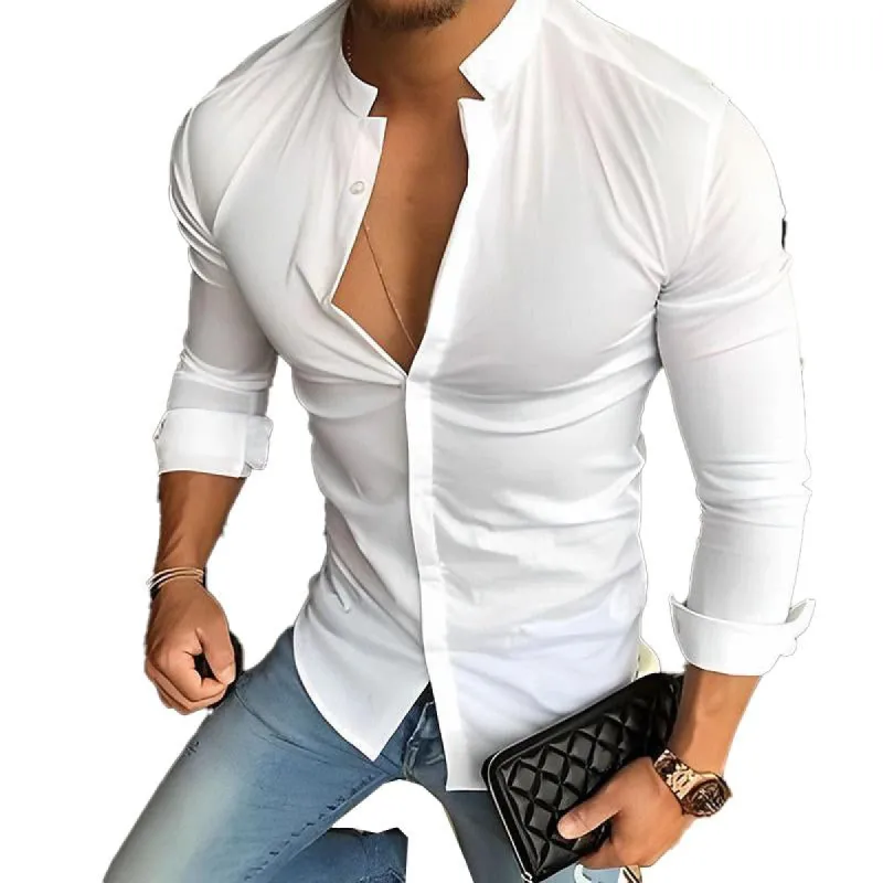 Men's Casual Fashion Solid Color Stand Collar Long Sleeve Shirt 79136189X sold by Manly
