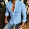 Men's Casual Fashion Solid Color Stand Collar Long Sleeve Shirt 79136189X sold by Manly