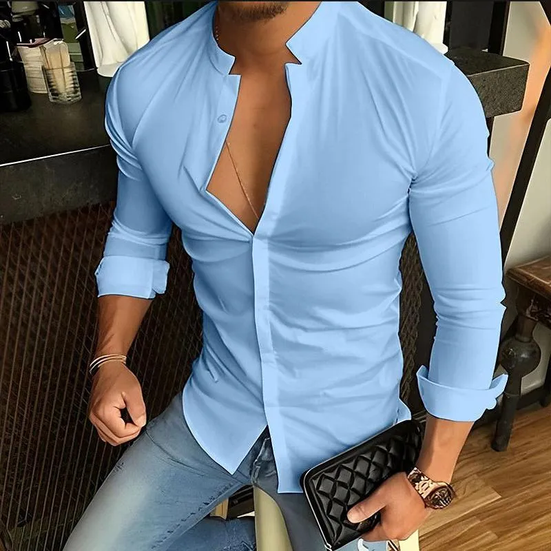 Men's Casual Fashion Solid Color Stand Collar Long Sleeve Shirt 79136189X sold by Manly product image thumbnail 5