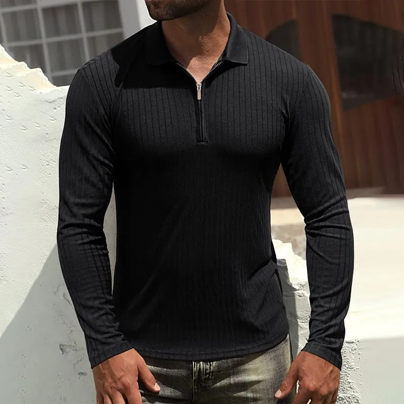 Men's Solid Striped Lapel Long Sleeve Polo Shirt 75610754Z sold by Manly product image thumbnail 4