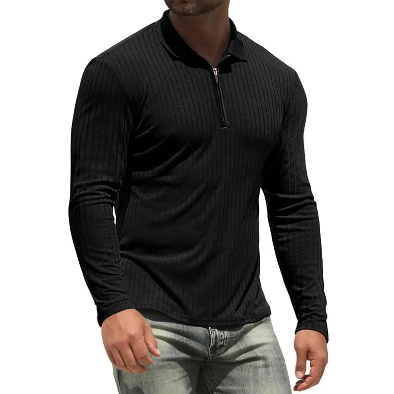 Men's Solid Striped Lapel Long Sleeve Polo Shirt 75610754Z sold by Manly