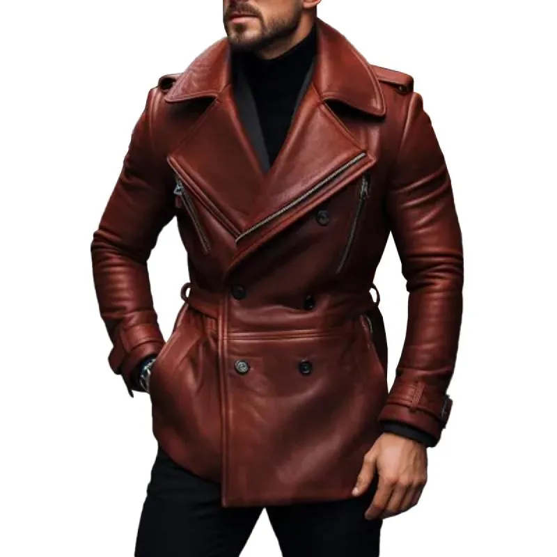 Men's Vintage Notched Lapel Double Breasted Belt Leather Coat 69214111M sold by Manly