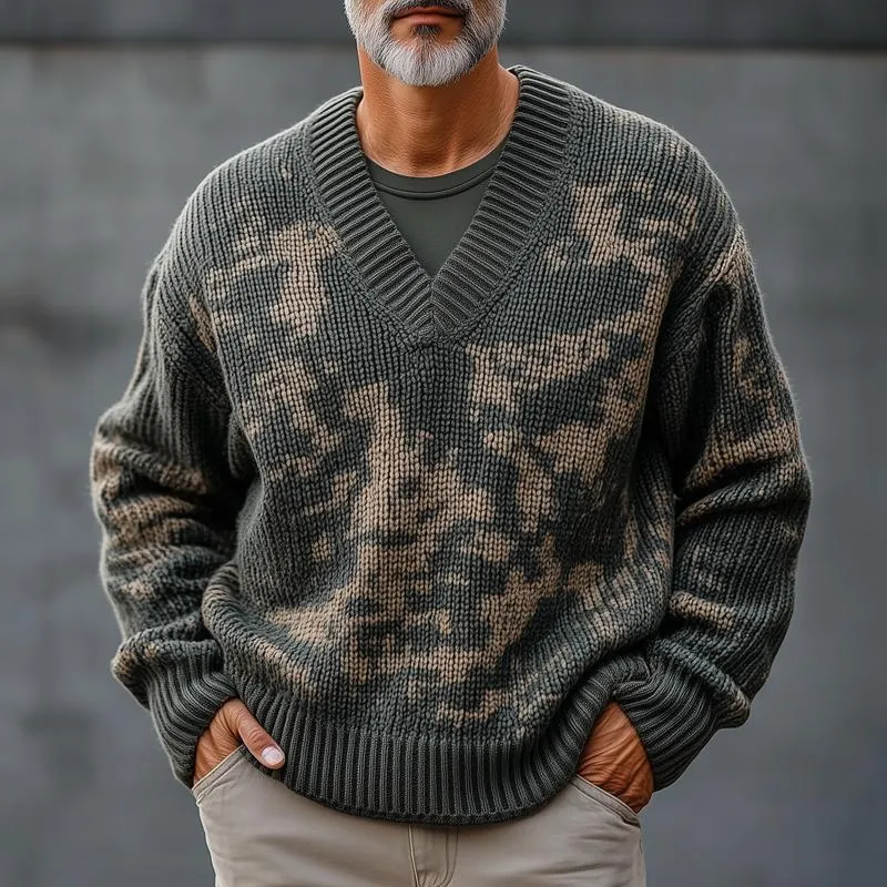 Men's Fashion Camouflage Style Pattern V Neck Long Sleeve Knitted Sweater 06786597Z sold by Manly product image thumbnail 2