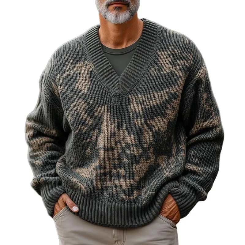 Men's Fashion Camouflage Style Pattern V Neck Long Sleeve Knitted Sweater 06786597Z made by Manly