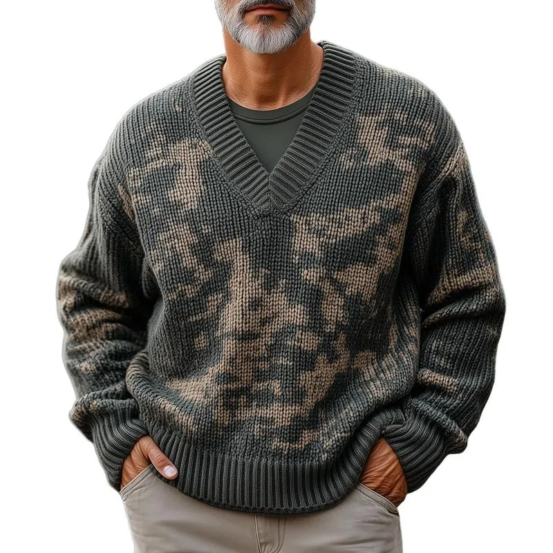 Men's Fashion Camouflage Style Pattern V Neck Long Sleeve Knitted Sweater 06786597Z sold by Manly