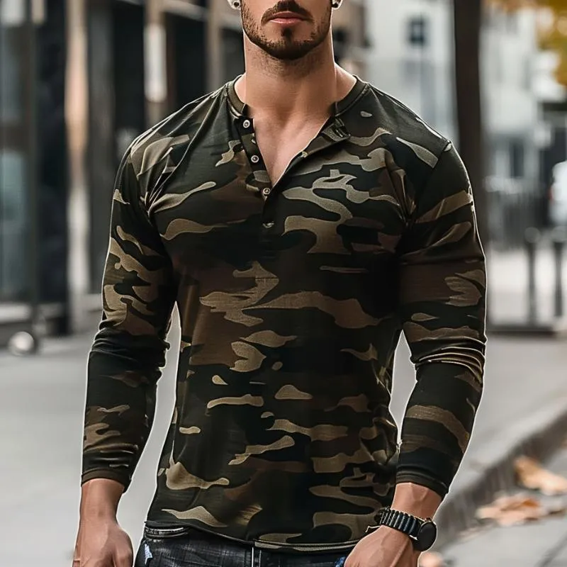 Men's Camouflage Print Henley Neck Long Sleeve T-Shirt 85873075Y sold by Manly product image thumbnail 3