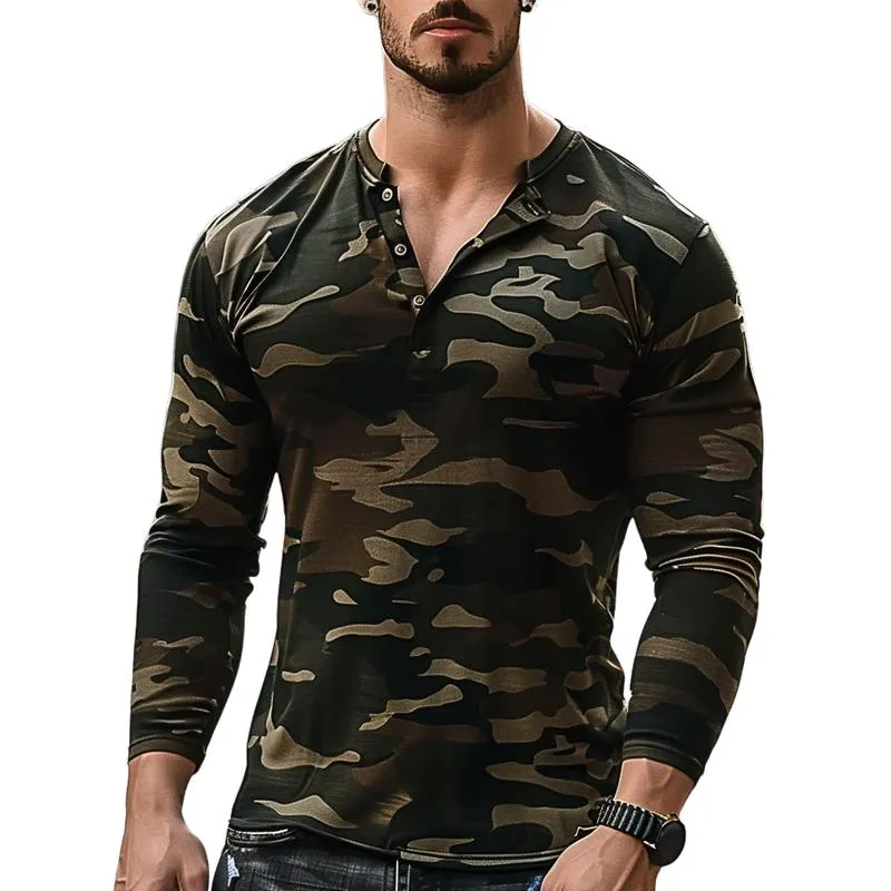 Men's Camouflage Print Henley Neck Long Sleeve T-Shirt 85873075Y sold by Manly