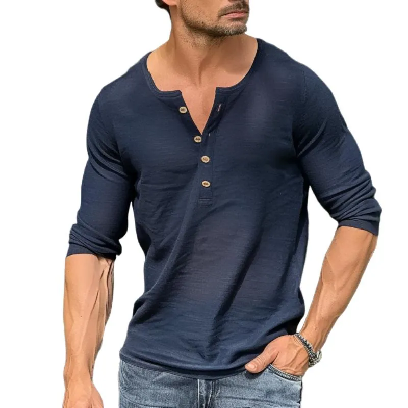 Men's Button V-neck Thin Transparent Long Sleeve T-shirt 54403021Y sold by Manly