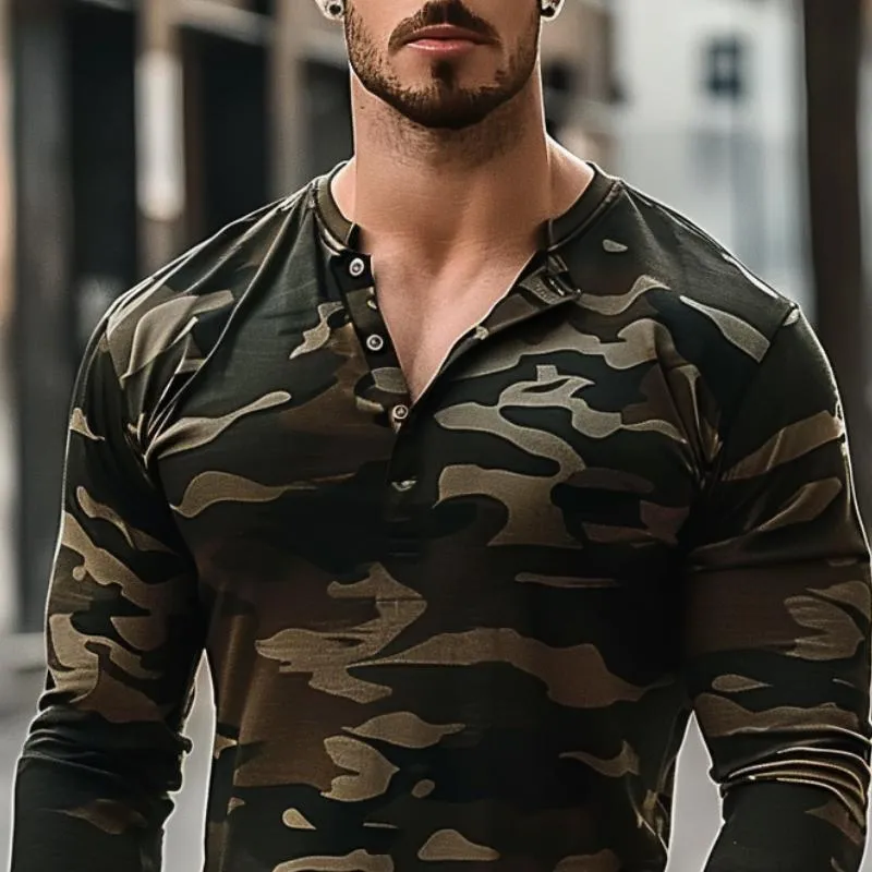 Men's Camouflage Print Henley Neck Long Sleeve T-Shirt 85873075Y sold by Manly product image thumbnail 2