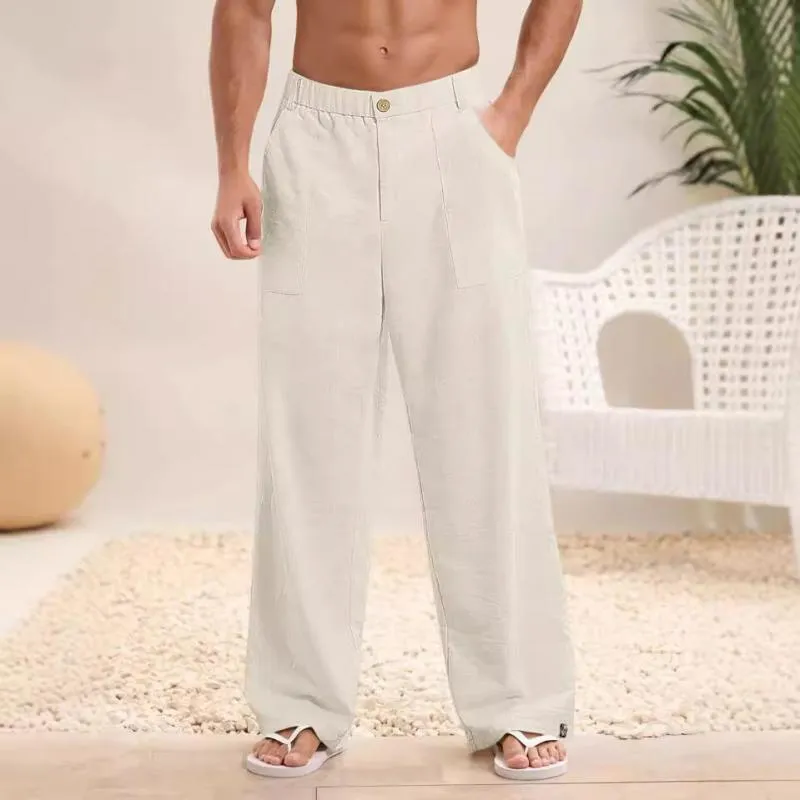 Men's Solid Color Cotton And Linen Elastic Waist Straight Casual Pants 57901263Z sold by Manly product image thumbnail 4