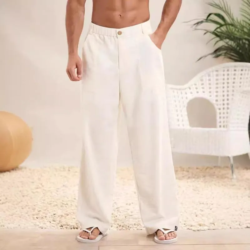 Men's Solid Color Cotton And Linen Elastic Waist Straight Casual Pants 57901263Z sold by Manly product image thumbnail 2