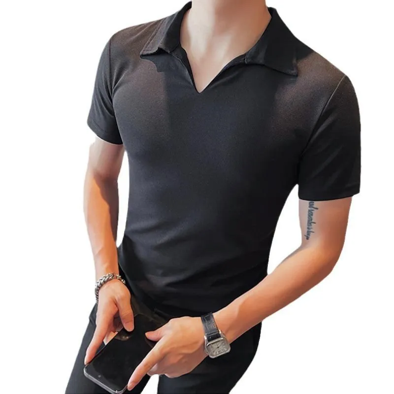 Men's Casual V-Neck Breathable Slim Short-Sleeved Polo Shirt 26550299M sold by Manly