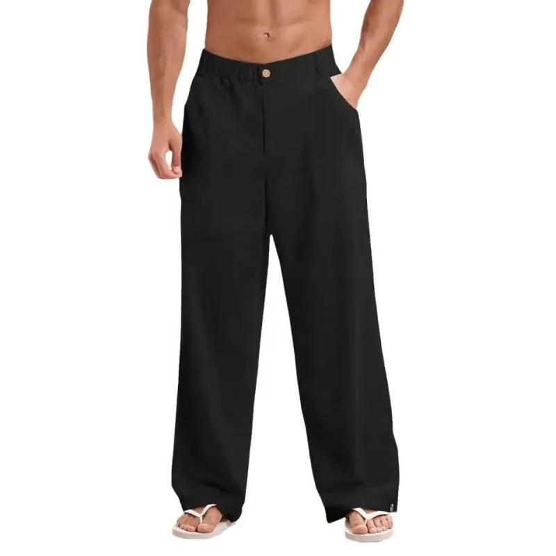 Men's Solid Color Cotton And Linen Elastic Waist Straight Casual Pants 57901263Z sold by Manly