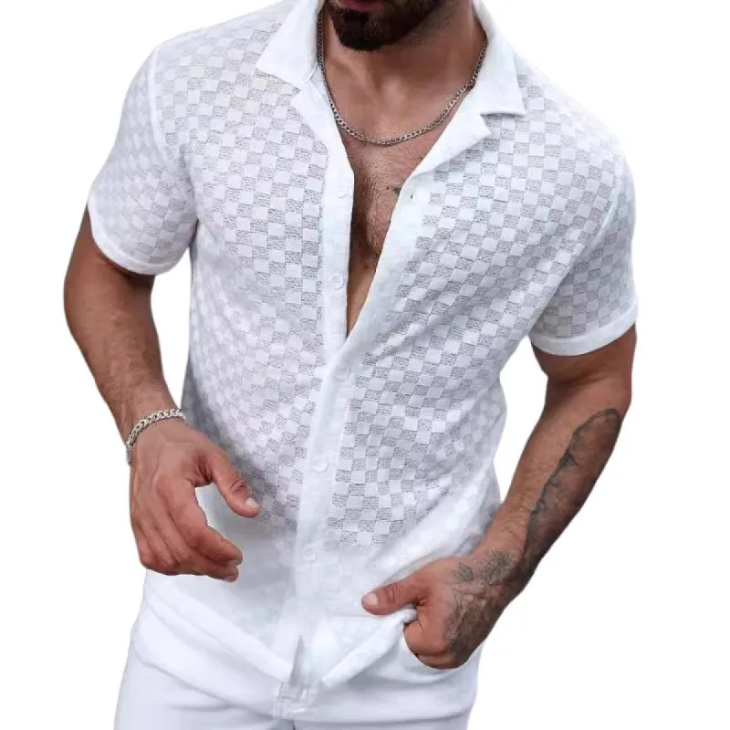 Men's Casual Solid Color Lace Lapel Short Sleeve Shirt 86252733TO sold by Manly