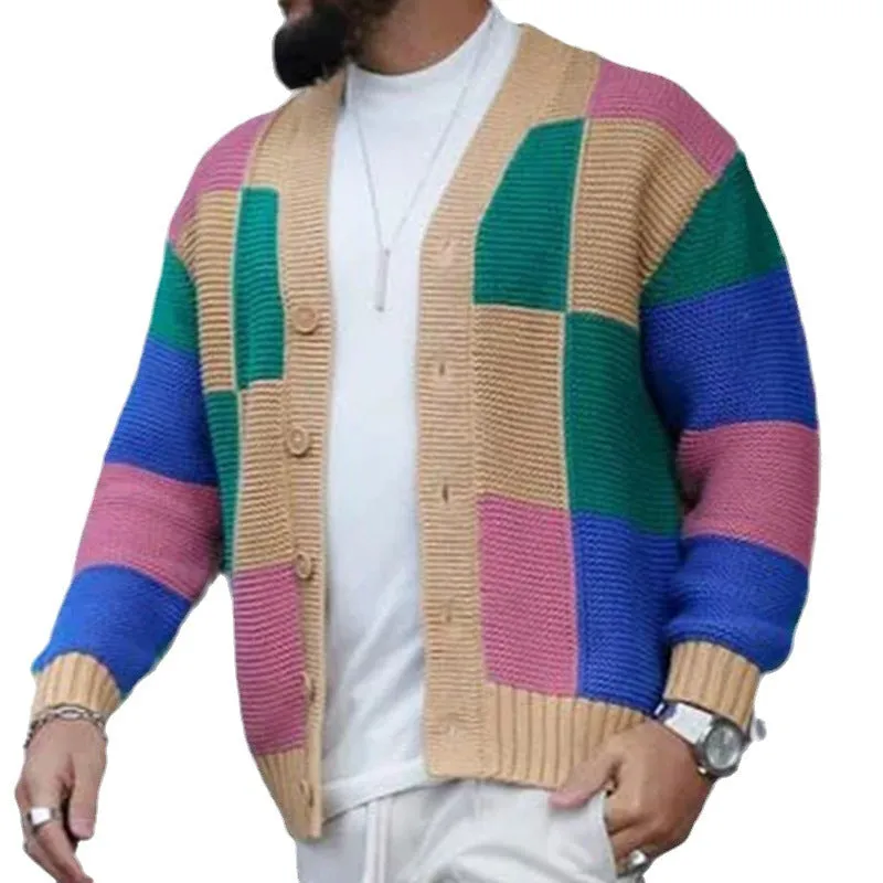 Men's Fashion Colorblock Single Breasted Long Sleeve Knit Cardigan 81050023M-1 sold by Manly