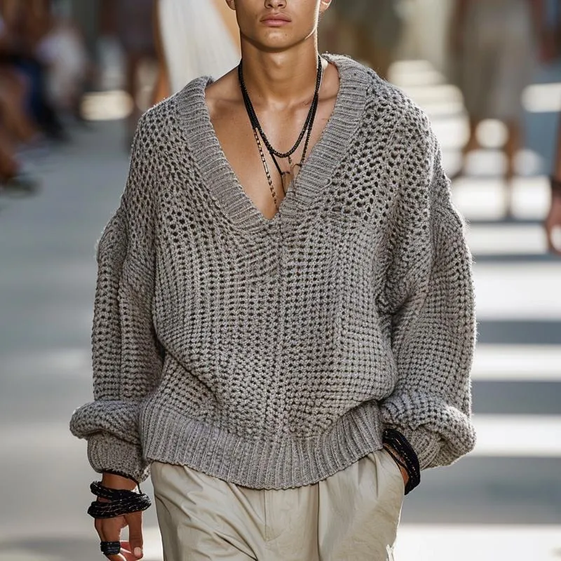 Men's Fashion V-neck Loose Knitted Long Sleeve Pullover Sweater 50193801M sold by Manly product image thumbnail 2