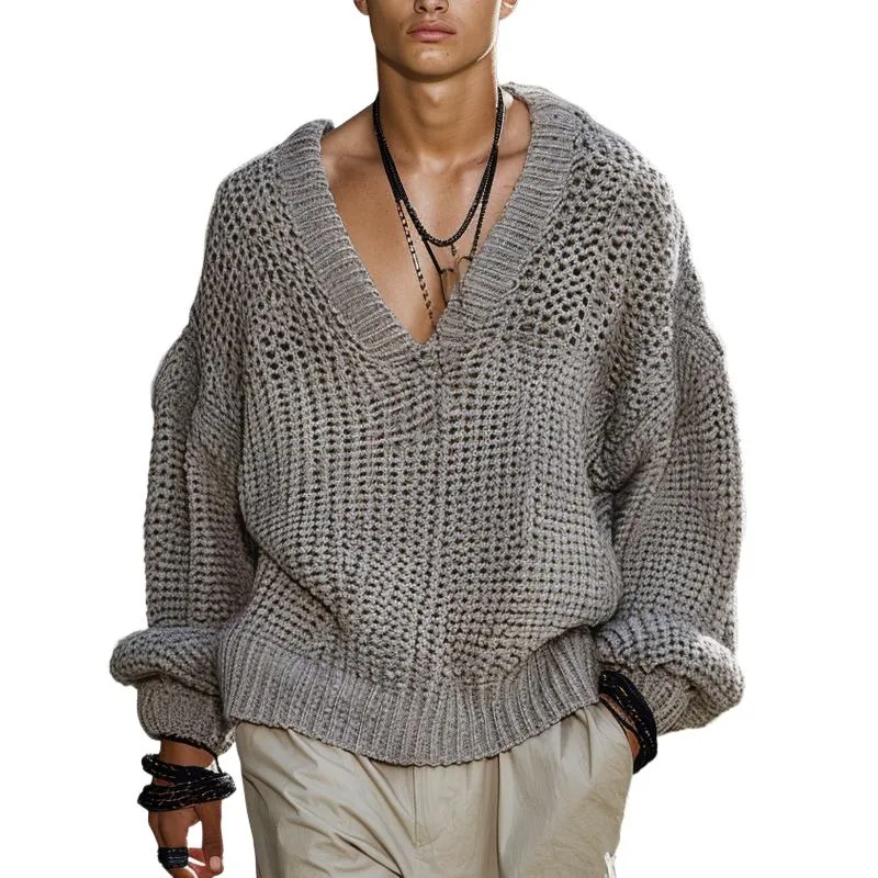 Men's Fashion V-neck Loose Knitted Long Sleeve Pullover Sweater 50193801M sold by Manly