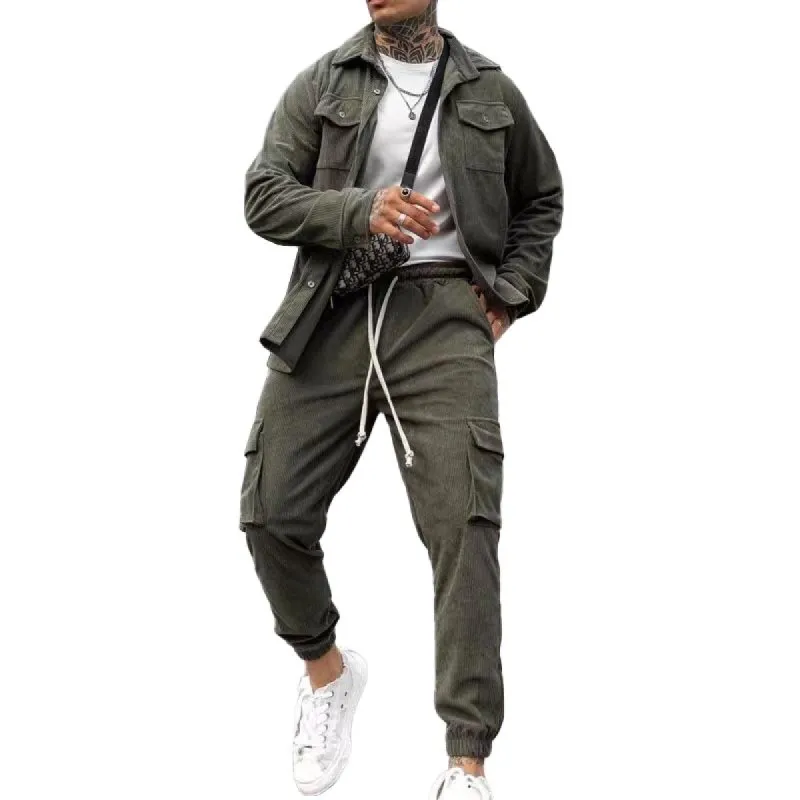 Men's Solid Lapel Long Sleeve Shirt And Elastic Waist Trousers Casual Set 51066842Z made by Manly