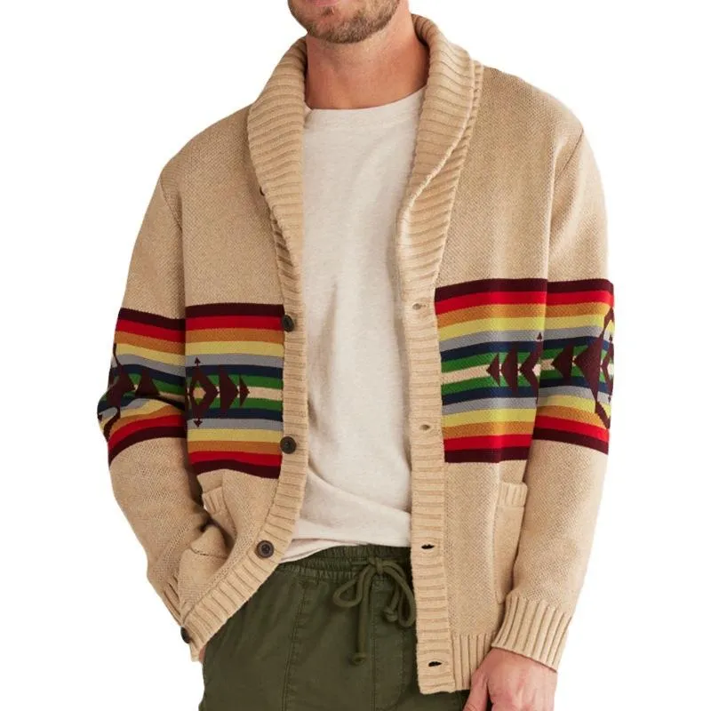 Men's Vintage Colorblock Stripe Jacquard Lapel Single Breasted Knit Cardigan 44586298M sold by Manly
