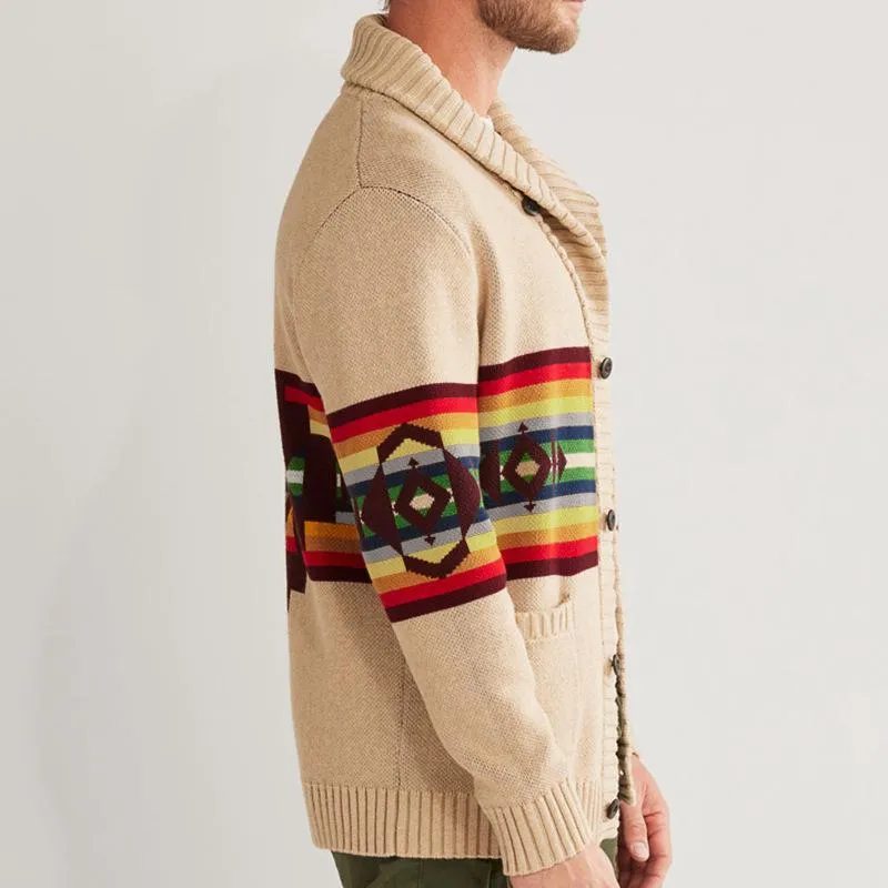 Men's Vintage Colorblock Stripe Jacquard Lapel Single Breasted Knit Cardigan 44586298M sold by Manly product image thumbnail 3