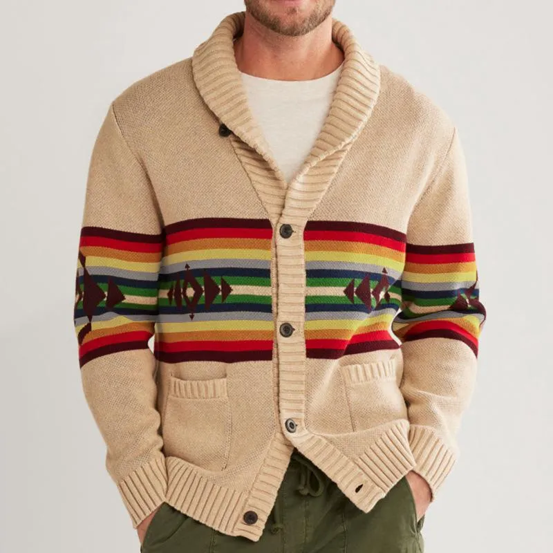 Men's Vintage Colorblock Stripe Jacquard Lapel Single Breasted Knit Cardigan 44586298M sold by Manly product image thumbnail 2