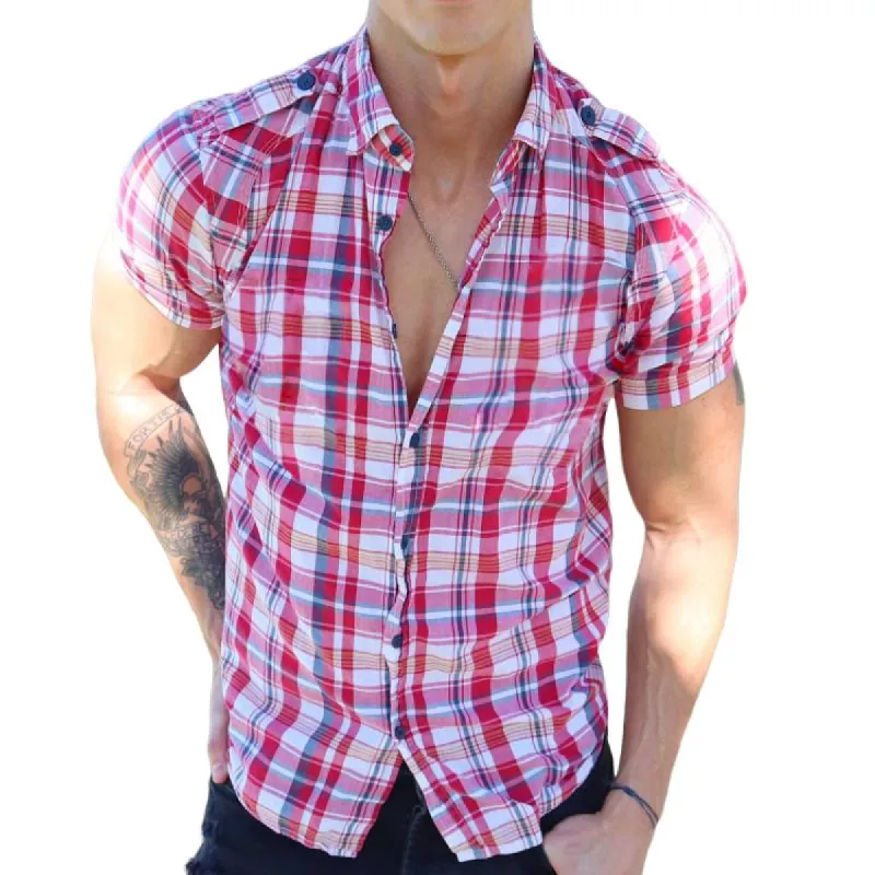 Men's Retro Plaid Lapel Short Sleeve Shirt 33421560TO sold by Manly