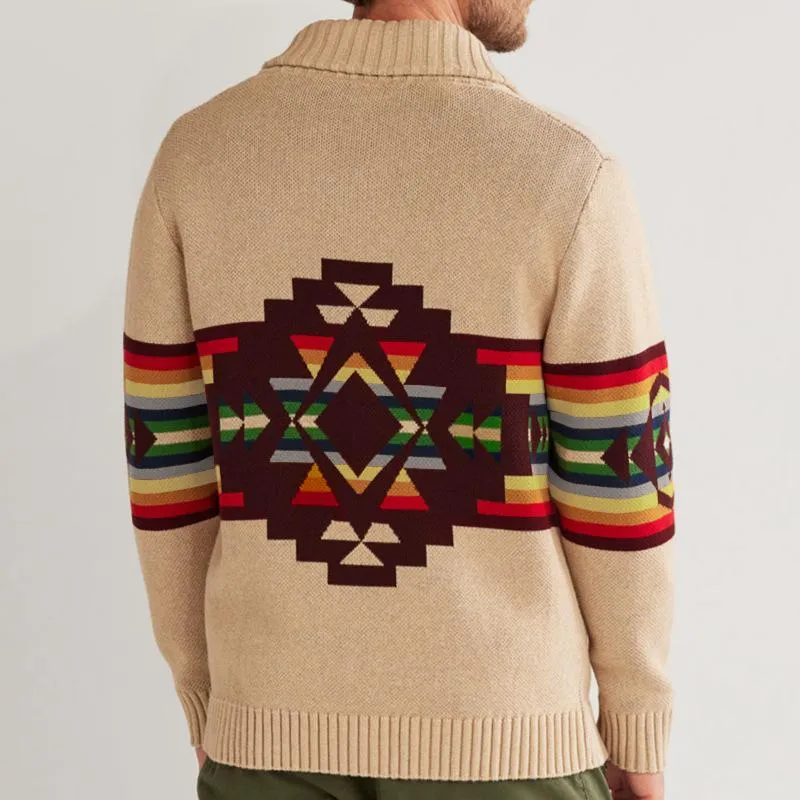 Men's Vintage Colorblock Stripe Jacquard Lapel Single Breasted Knit Cardigan 44586298M sold by Manly product image thumbnail 5