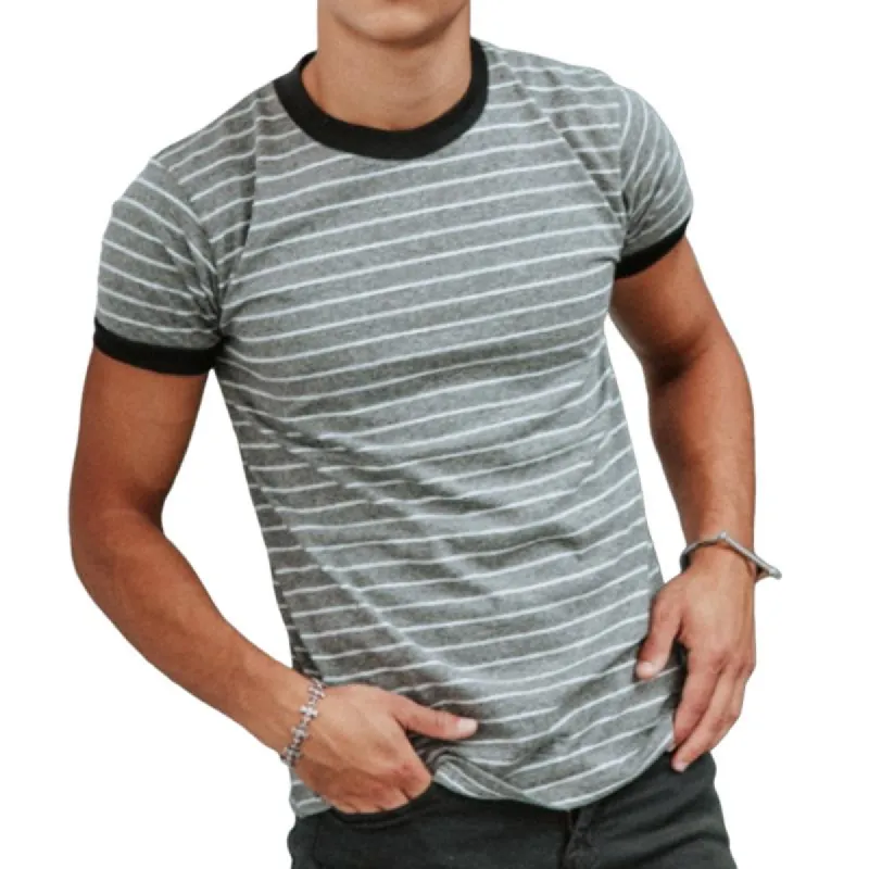 Men's Casual Striped Round Neck Short Sleeve T-Shirt 78243720TO sold by Manly