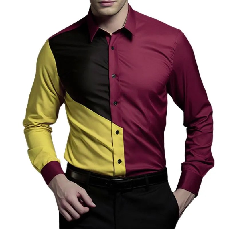 Men's Fashion Color Block Patchwork Lapel Long Sleeve Shirt 45869826M sold by Manly