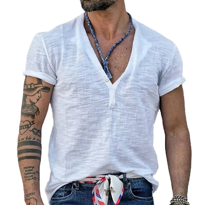 Men's Casual Solid Color Henley Collar Short Sleeve T-Shirt 12790531Y sold by Manly