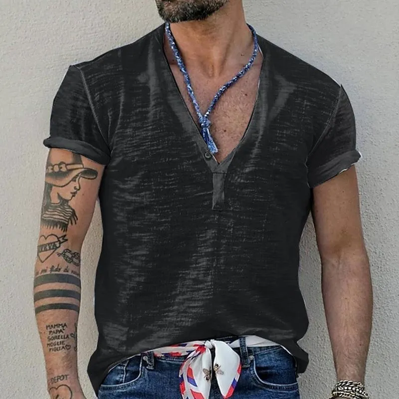 Men's Casual Solid Color Henley Collar Short Sleeve T-Shirt 12790531Y sold by Manly product image thumbnail 5