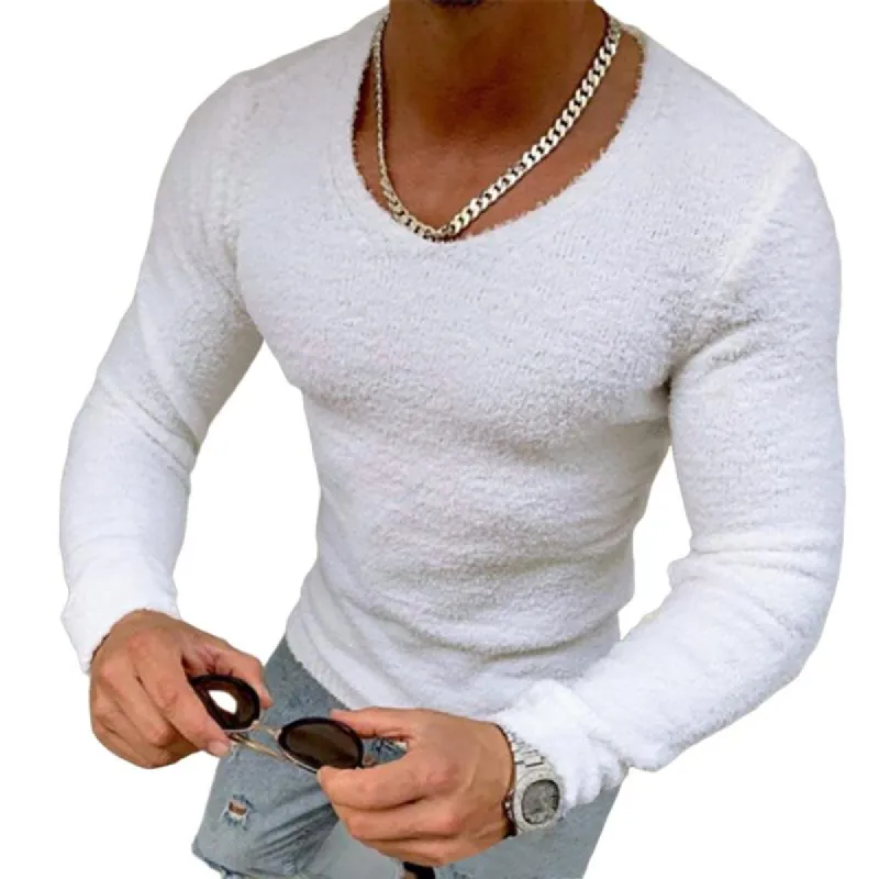 Men's Casual Solid Color V-Neck Long Sleeve T-Shirt 52002163TO sold by Manly