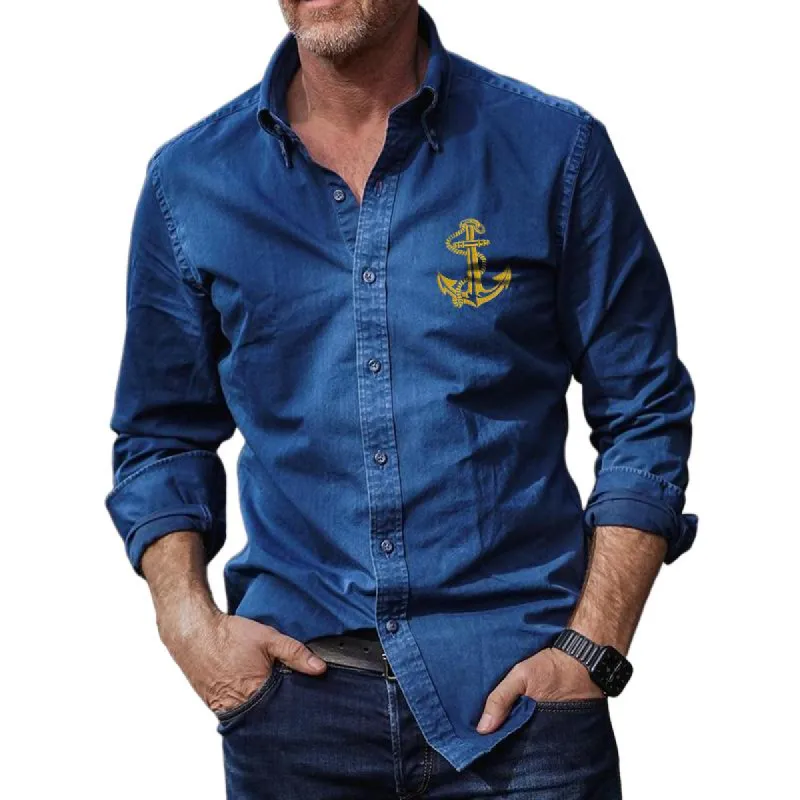 Men's Casual Vintage Anchor Embroidered Long Sleeve Shirt 11752999TO sold by Manly