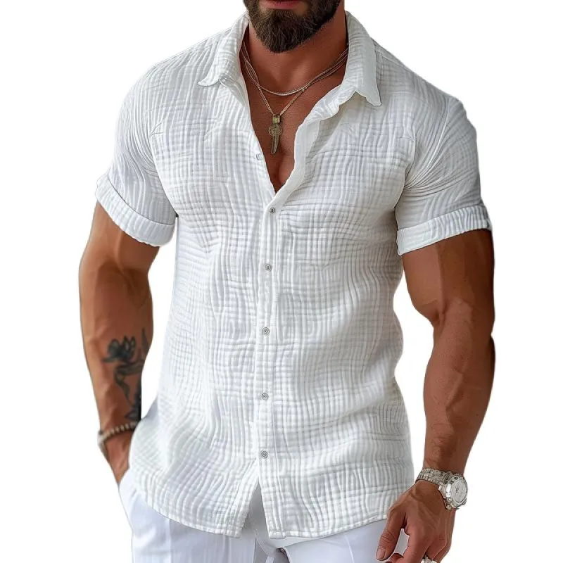 Men's Solid Cotton And Linen Lapel Short Sleeve Casual Shirt 41917946Z sold by Manly