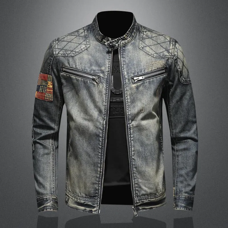 Men's Vintage Stand Collar Zippered Motorcycle Denim Jacket 20754326M sold by Manly product image thumbnail 4